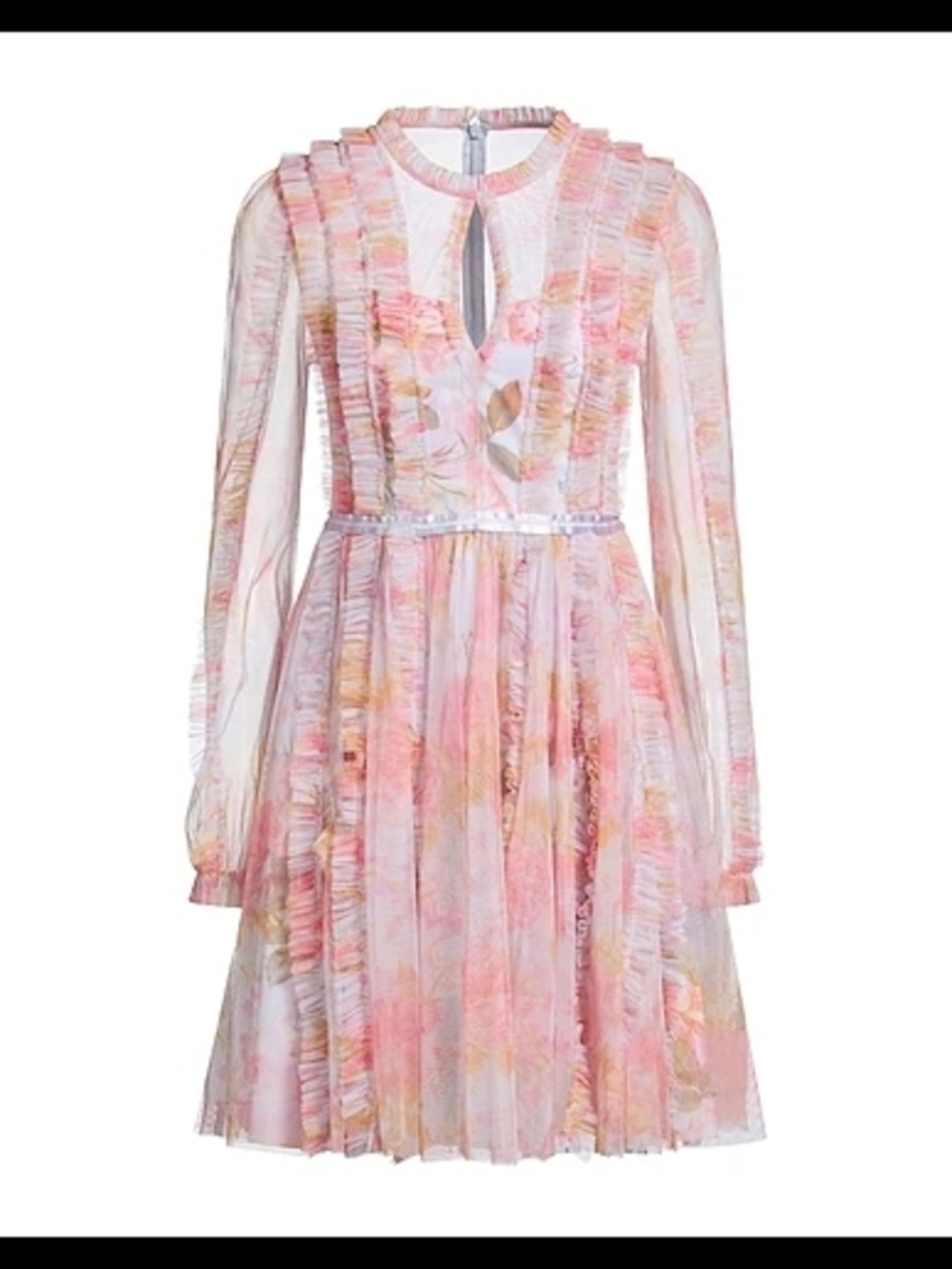 Needle & Thread Lace Feminine Pink Floral Long Sleeve Ruffle Pleated Dress
